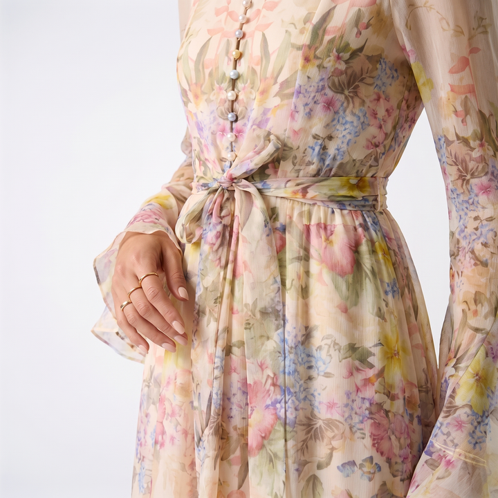 Sunoire alessia floral ruffle cuff maxi dress worn detail 01