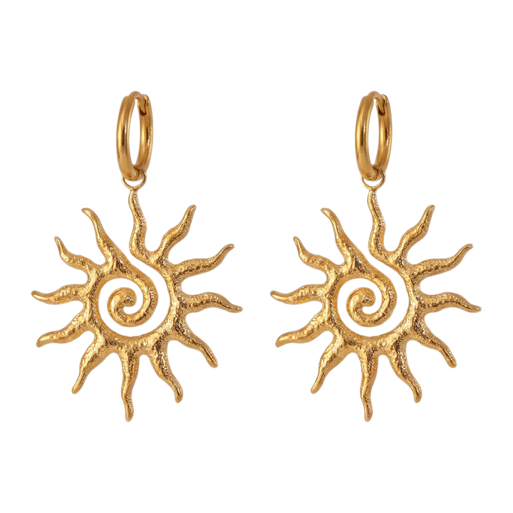 Sunoire fine 18k gold plated hammered spiral sun fashion pendant earrings for women waterproof stainless steel jewelry gift 01 flatlay gold