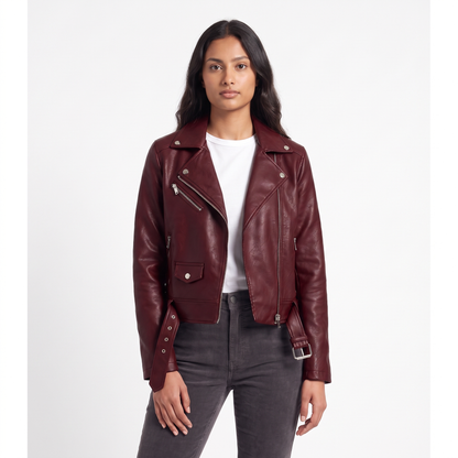 Women's Faux Leather Biker Jacket, Black Asymmetric Zip, red, colour view