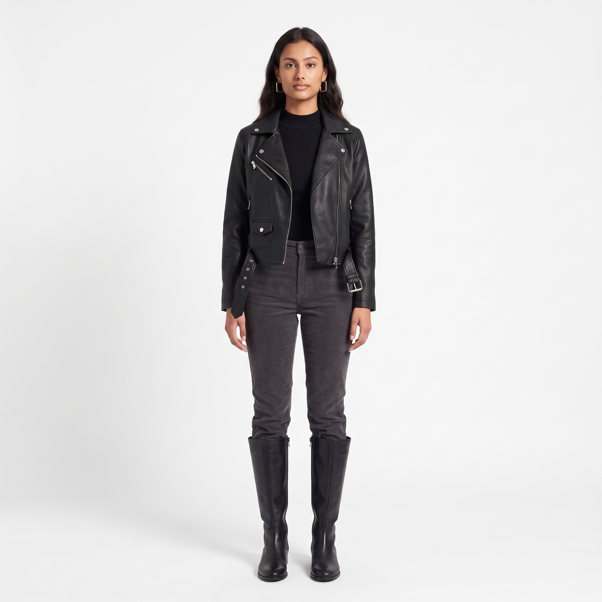 Women's Faux Leather Biker Jacket, Black Asymmetric Zip, front view