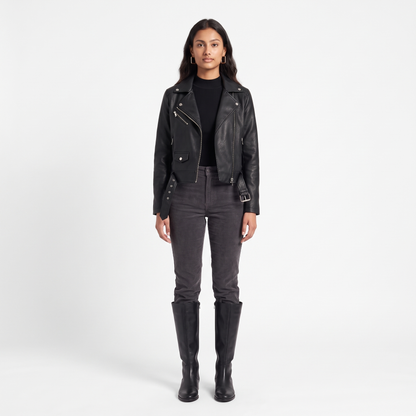 Women's Faux Leather Biker Jacket, Black Asymmetric Zip, front view