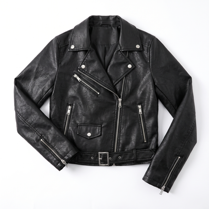 Women's Faux Leather Biker Jacket, Black Asymmetric Zip, flatlay view