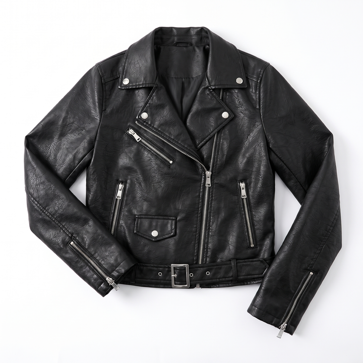 Women's Faux Leather Biker Jacket, Black Asymmetric Zip, flatlay view