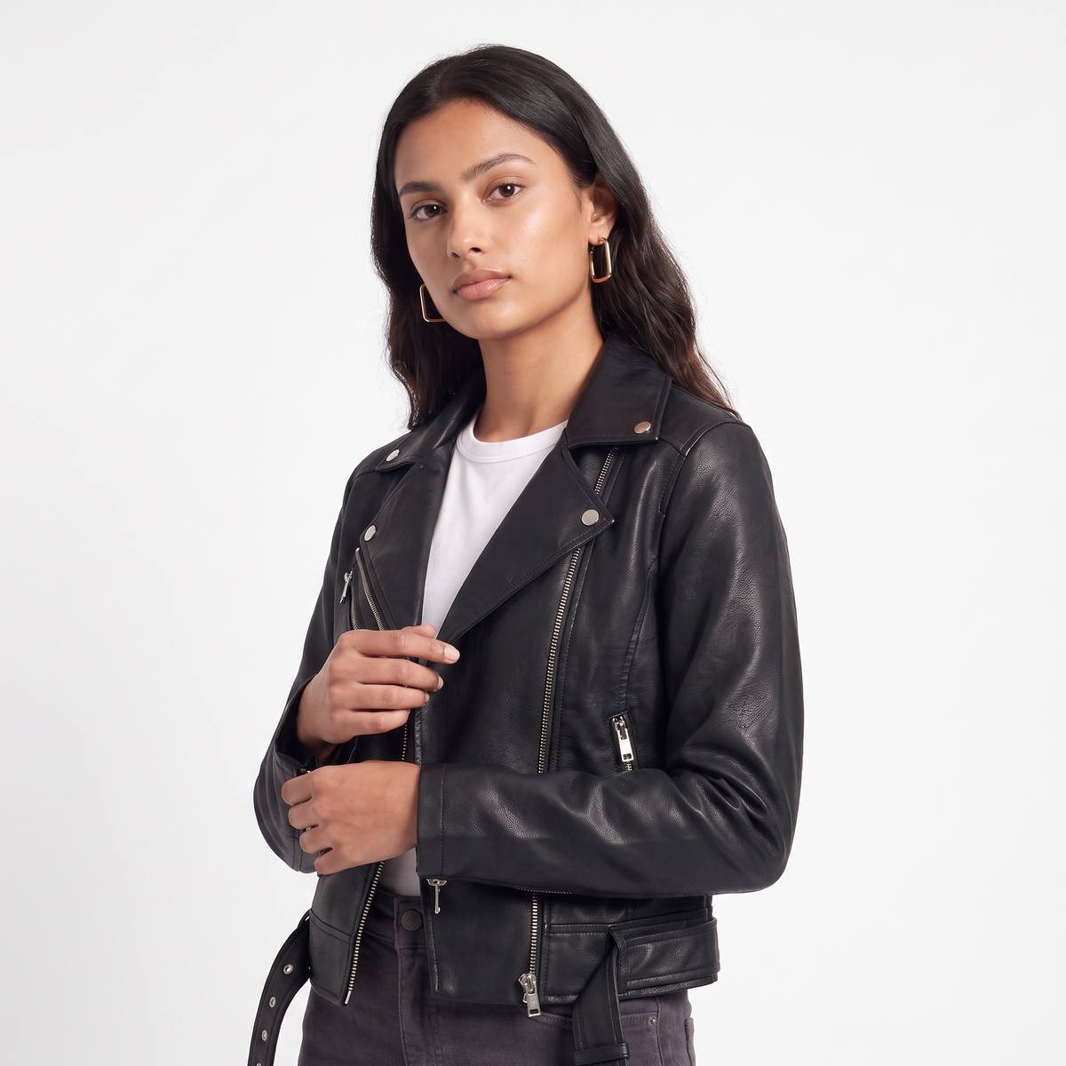Women's Faux Leather Biker Jacket, Black Asymmetric Zip, three quarter view