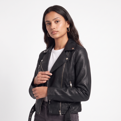 Women's Faux Leather Biker Jacket, Black Asymmetric Zip, three quarter view