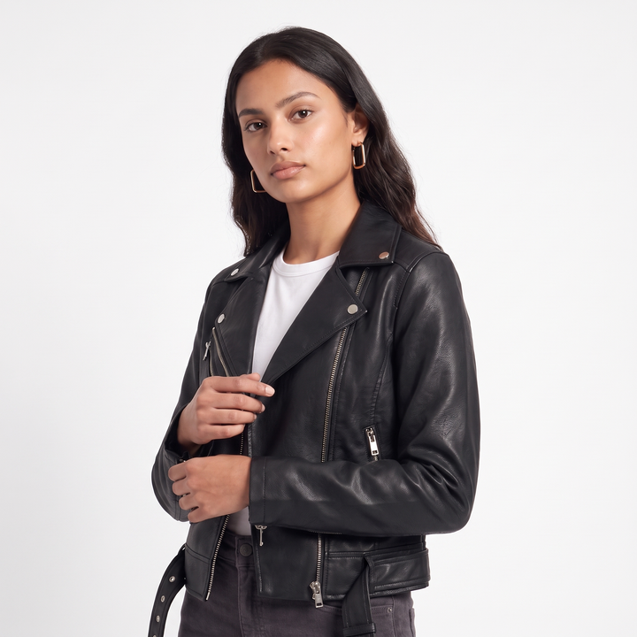 Women's Faux Leather Biker Jacket, Black Asymmetric Zip, three quarter view