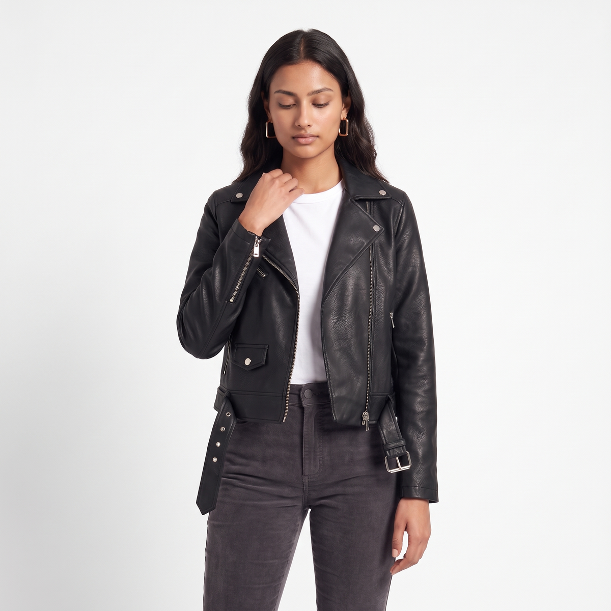 Women's Faux Leather Biker Jacket, Black Asymmetric Zip, front view