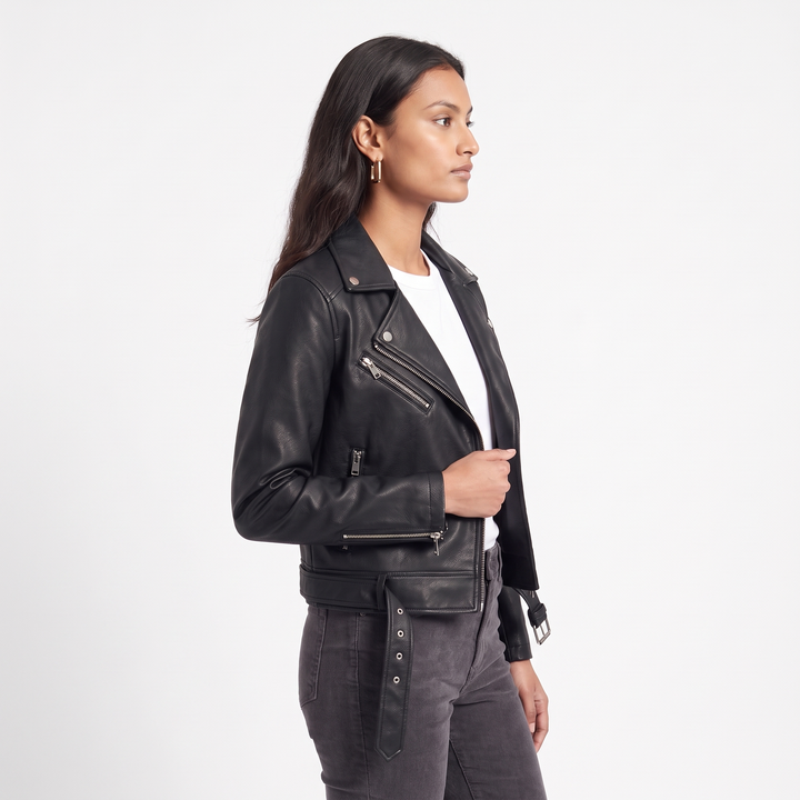 Women's Faux Leather Biker Jacket, Black Asymmetric Zip, side view