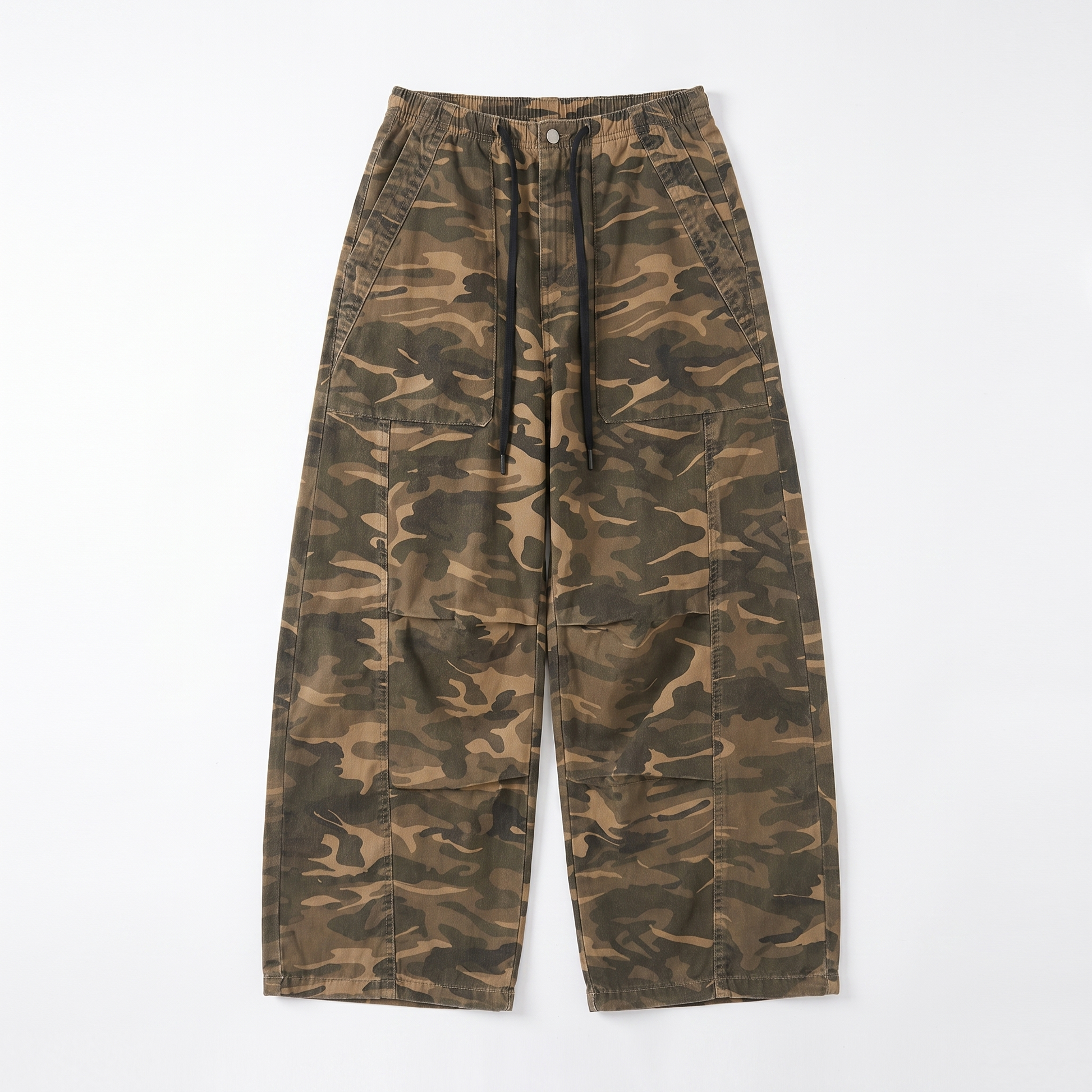 Sunoire american style camouflage pants for women and men spring new design high waist straight leg loose and casual denim pants garment flatlay 01