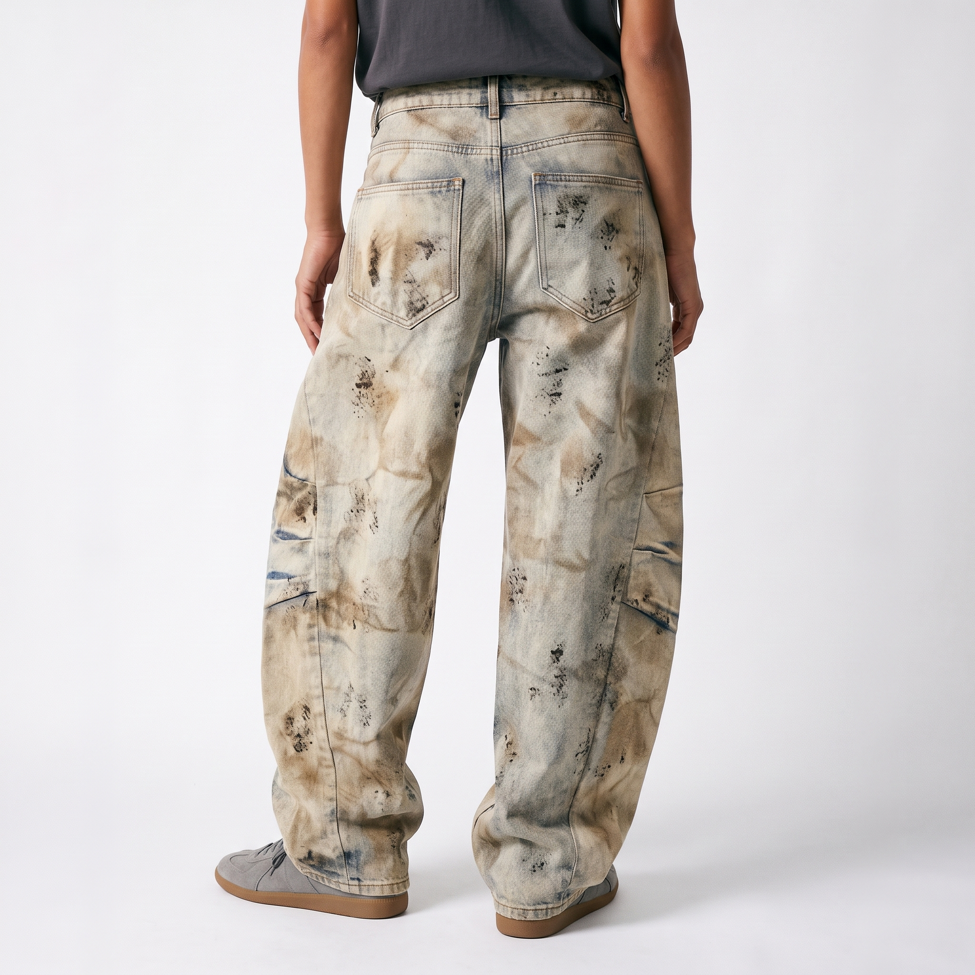 Sunoire american style yellow mud color wash wide leg jeans unisex water washed vintage loose casual street style denim pants bottom back crop 01