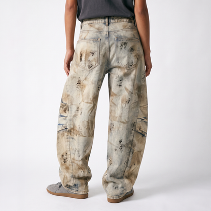 Sunoire american style yellow mud color wash wide leg jeans unisex water washed vintage loose casual street style denim pants bottom back crop 01