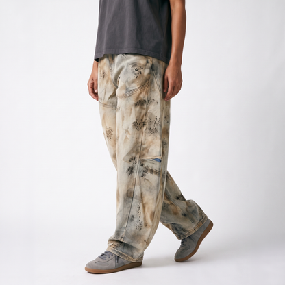 Sunoire american style yellow mud color wash wide leg jeans unisex water washed vintage loose casual street style denim pants bottom crop 3q 01