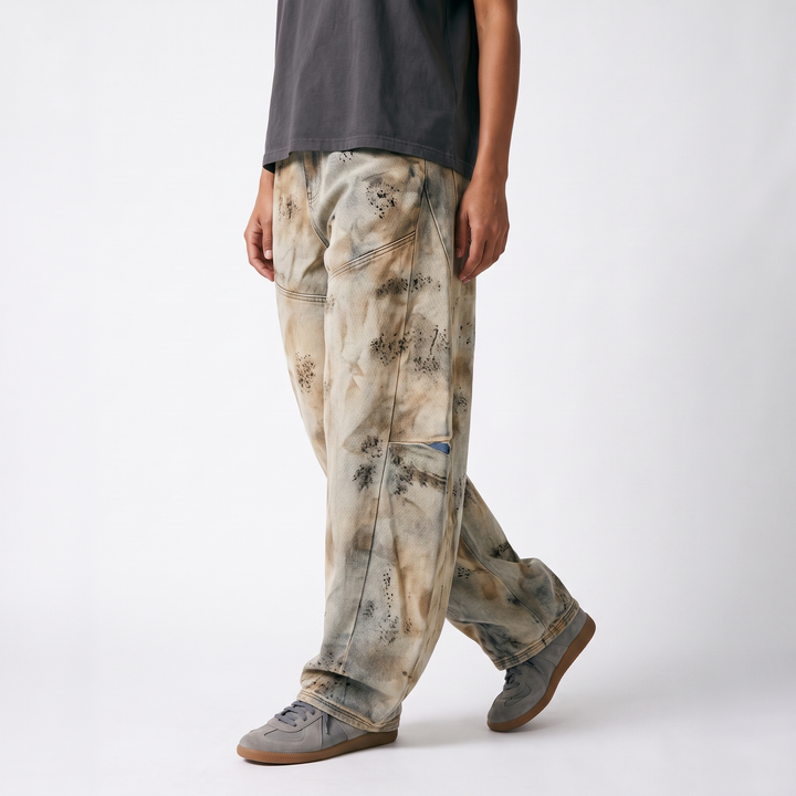 Sunoire american style yellow mud color wash wide leg jeans unisex water washed vintage loose casual street style denim pants bottom crop 3q 01