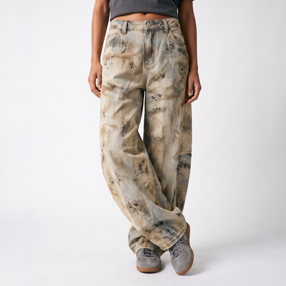 Sunoire american style yellow mud color wash wide leg jeans unisex water washed vintage loose casual street style denim pants bottom front crop 01