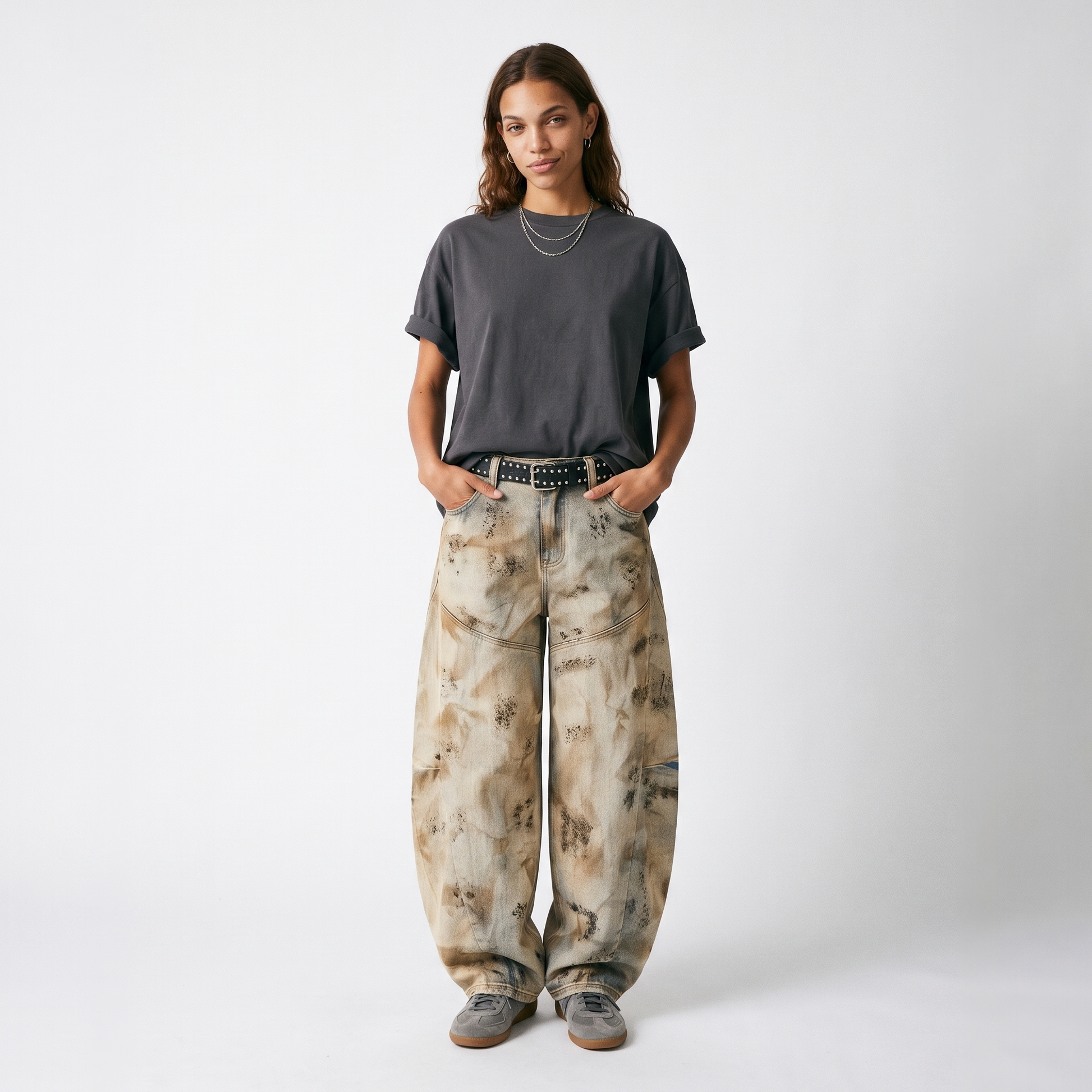 Sunoire american style yellow mud color wash wide leg jeans unisex water washed vintage loose casual street style denim pants front hero 01