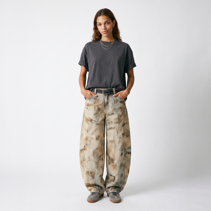 Sunoire american style yellow mud color wash wide leg jeans unisex water washed vintage loose casual street style denim pants front hero 01