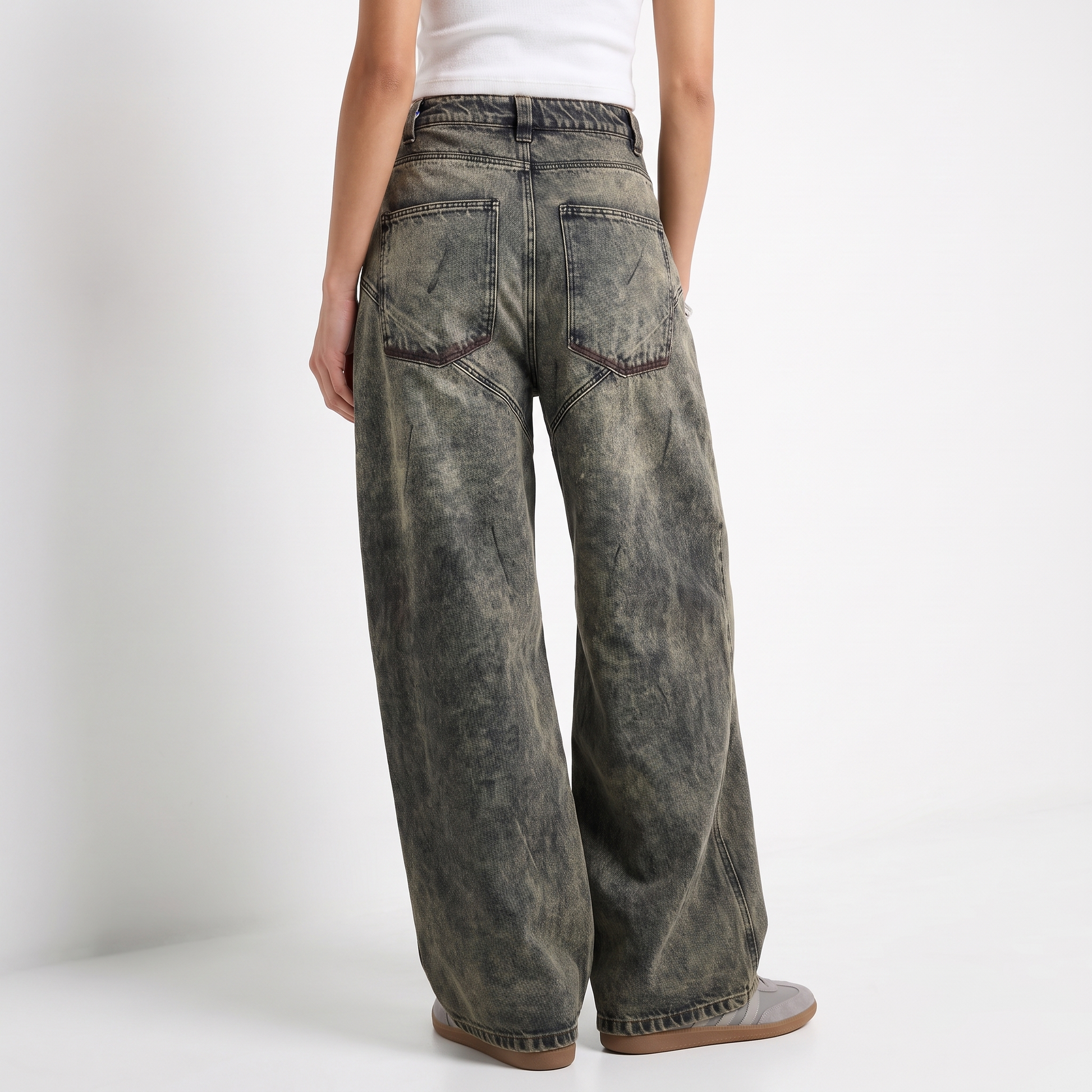 Sunoire american vintage dark wash denim jeans mid waist gradient tie dyed loose slim wide leg gothic y2k streetwear bottom back crop 01