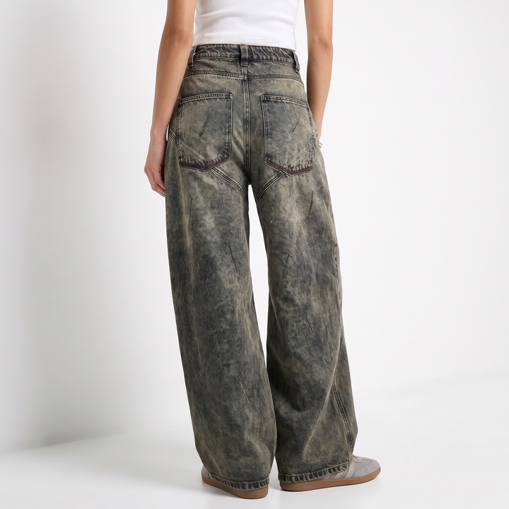 Sunoire american vintage dark wash denim jeans mid waist gradient tie dyed loose slim wide leg gothic y2k streetwear bottom back crop 01