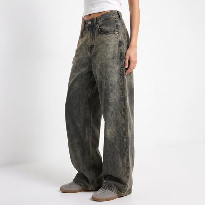 Sunoire american vintage dark wash denim jeans mid waist gradient tie dyed loose slim wide leg gothic y2k streetwear bottom crop 3q 01