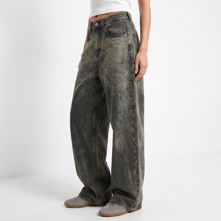 Sunoire american vintage dark wash denim jeans mid waist gradient tie dyed loose slim wide leg gothic y2k streetwear bottom crop 3q 01