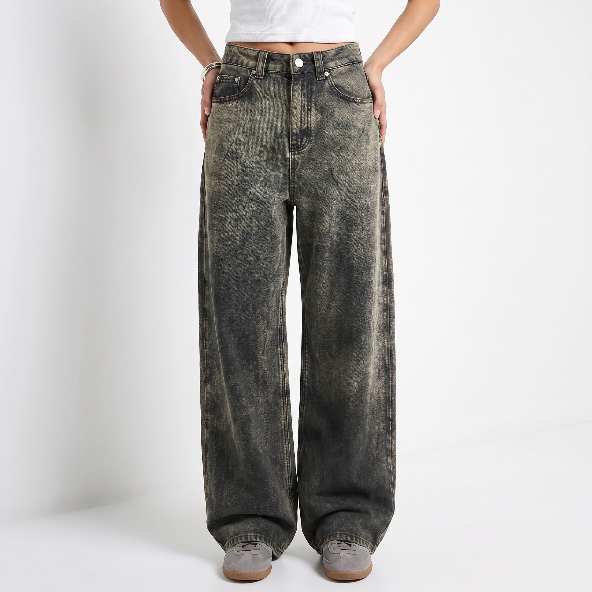 Sunoire american vintage dark wash denim jeans mid waist gradient tie dyed loose slim wide leg gothic y2k streetwear bottom front crop 01