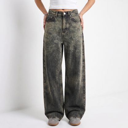 Sunoire american vintage dark wash denim jeans mid waist gradient tie dyed loose slim wide leg gothic y2k streetwear bottom front crop 01