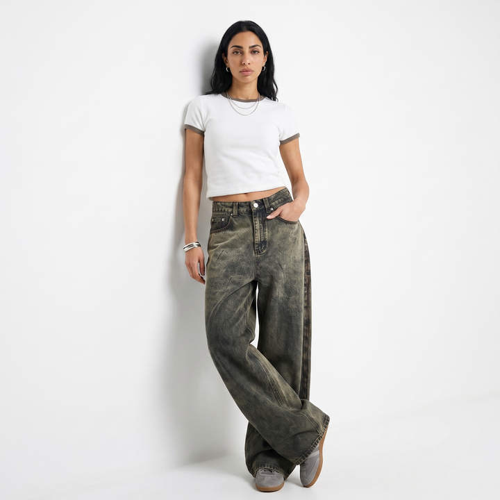 Sunoire american vintage dark wash denim jeans mid waist gradient tie dyed loose slim wide leg gothic y2k streetwear front hero 01