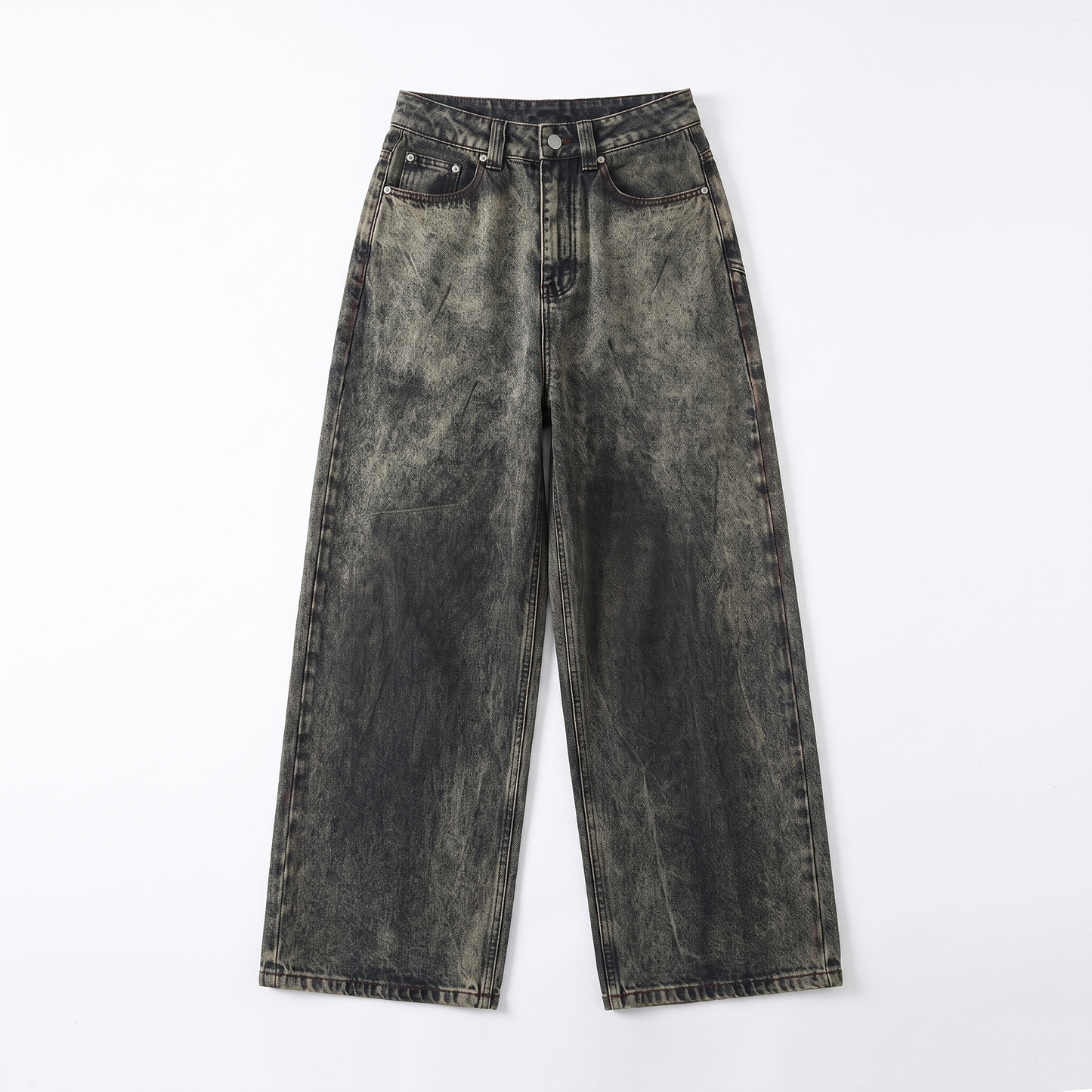 Sunoire american vintage dark wash denim jeans mid waist gradient tie dyed loose slim wide leg gothic y2k streetwear garment flatlay 01