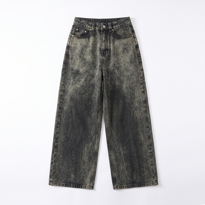 Sunoire american vintage dark wash denim jeans mid waist gradient tie dyed loose slim wide leg gothic y2k streetwear garment flatlay 01