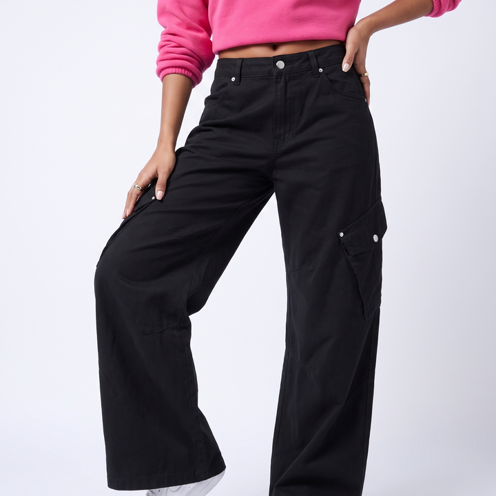 Women's Cargo Pocket High Waisted Wide Leg Jeans – Khaki — Black