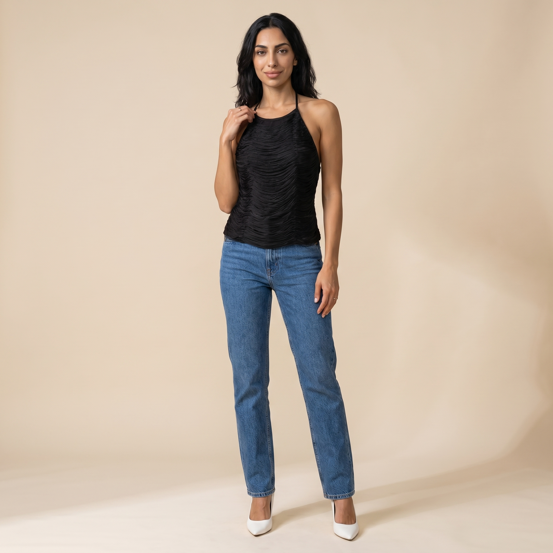Sunoire anielka halterneck fringe top in black front hero 01