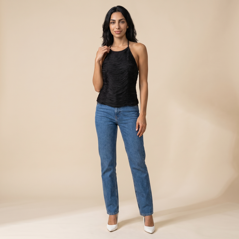Sunoire anielka halterneck fringe top in black front hero 01