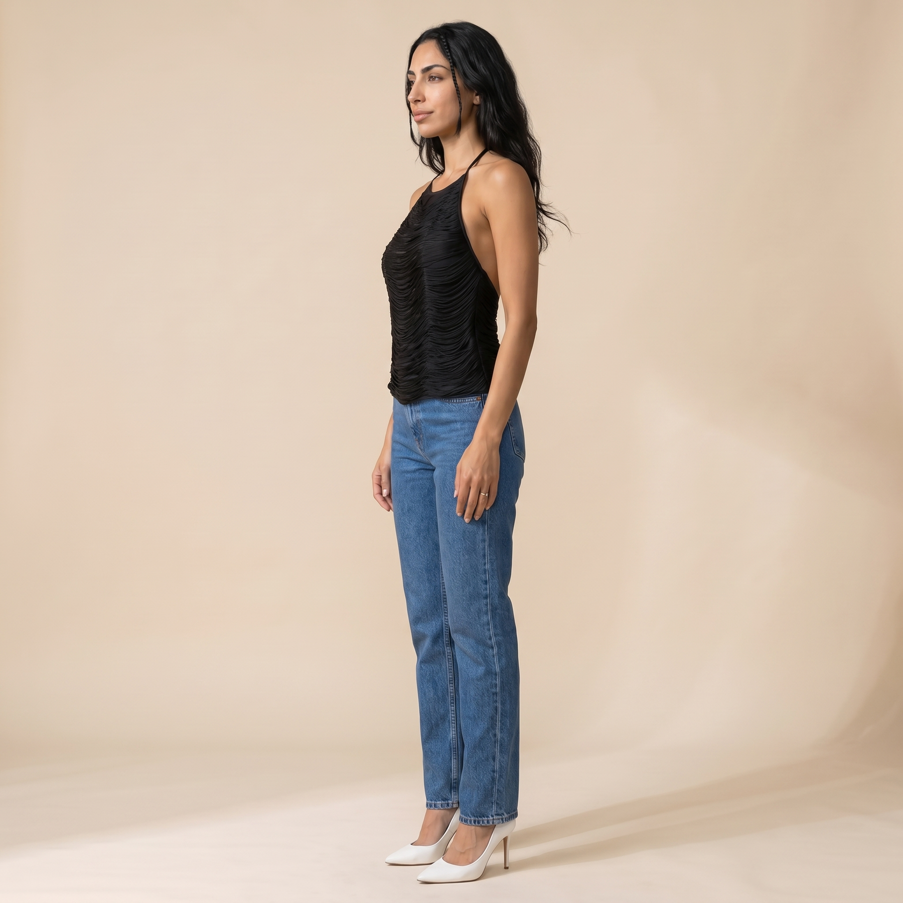 Sunoire anielka halterneck fringe top in black side view 01