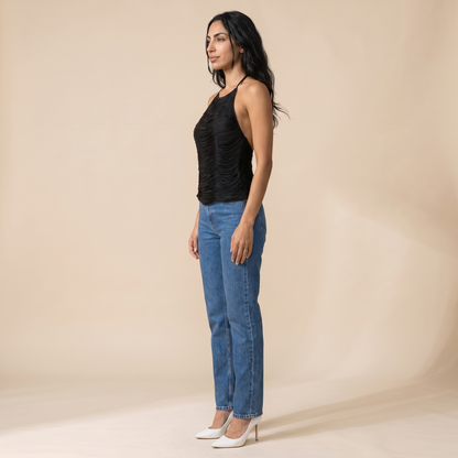Sunoire anielka halterneck fringe top in black side view 01