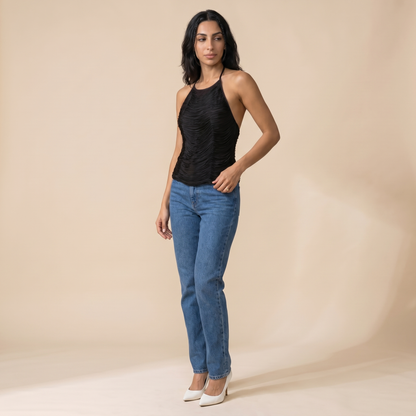 Sunoire anielka halterneck fringe top in black three quarter 01