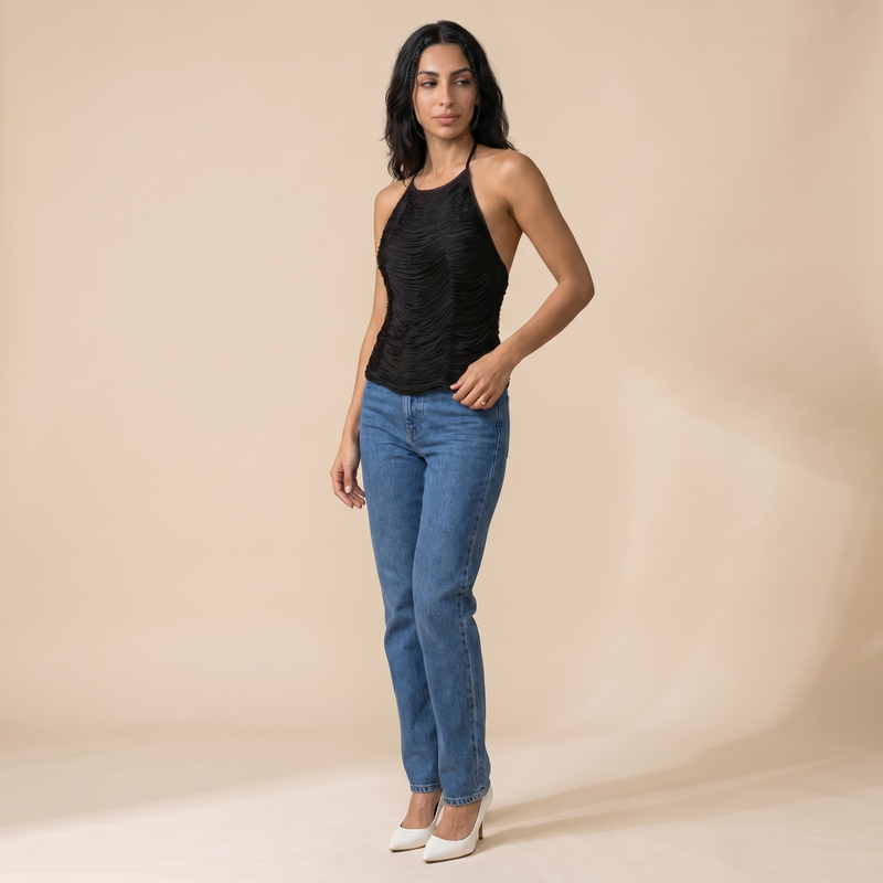 Sunoire anielka halterneck fringe top in black three quarter 01
