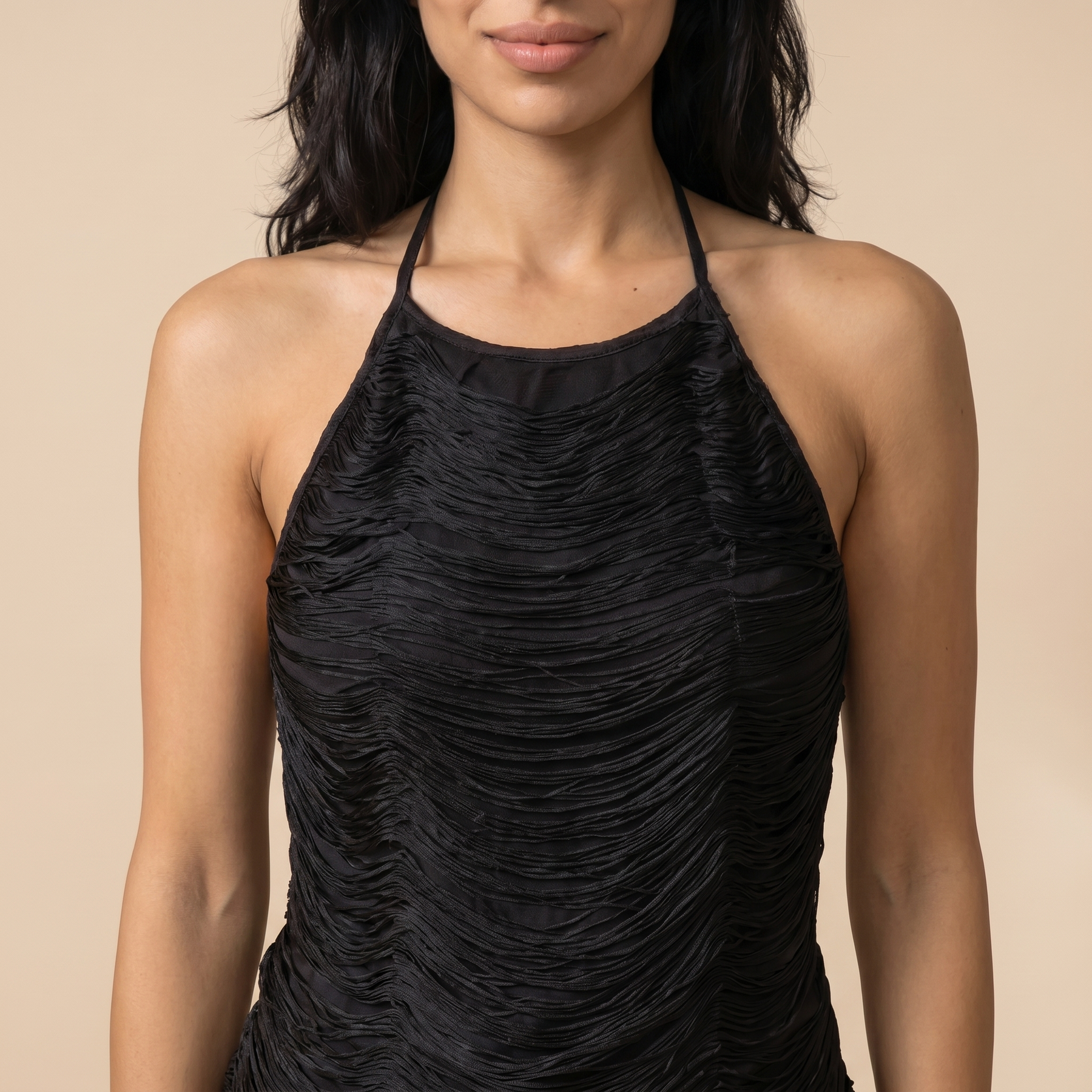 Sunoire anielka halterneck fringe top in black worn detail 01