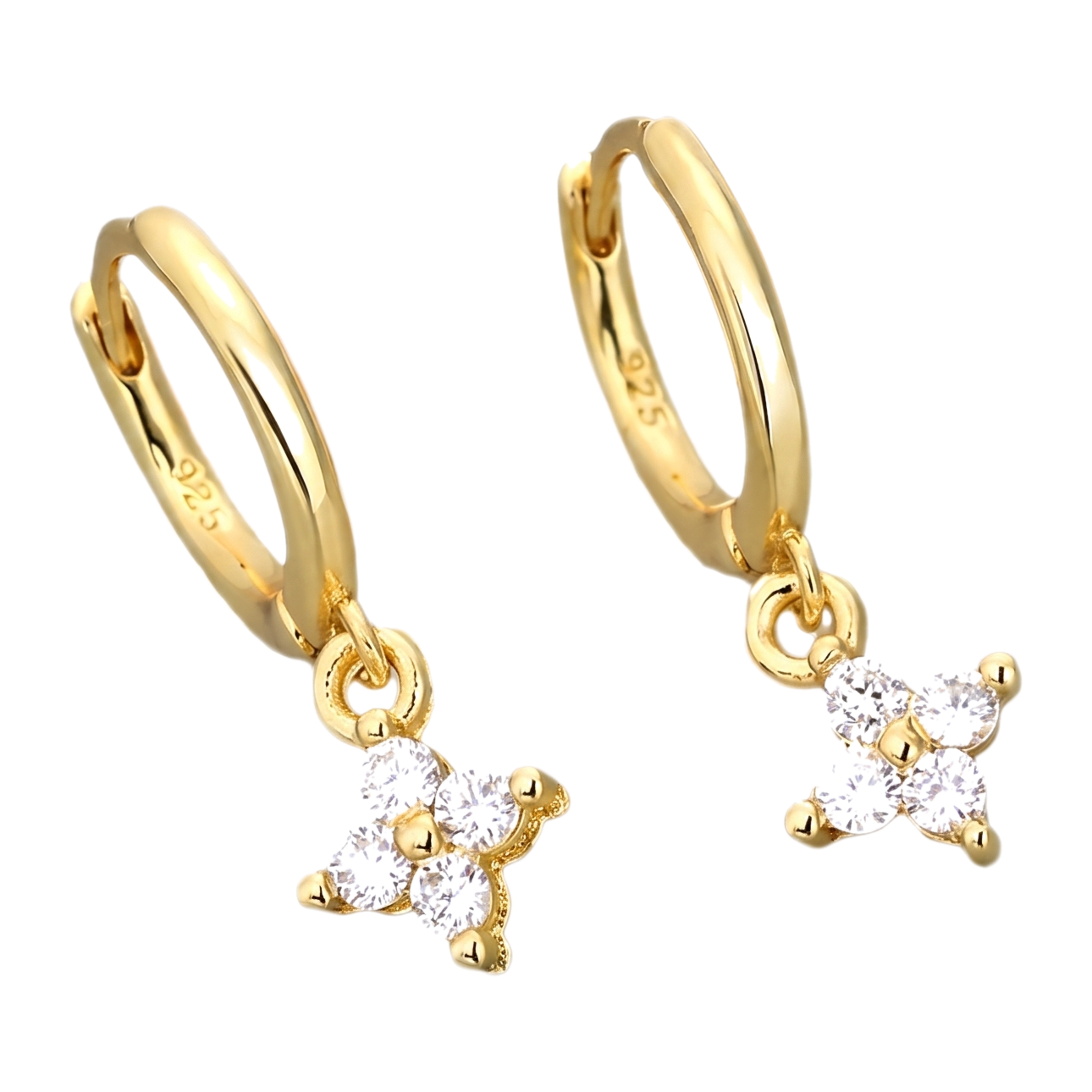 Sunoire classic summer fine jewelry 925 sterling silver zircon four leaf clover earrings for women hoop drop 01 flatlay white