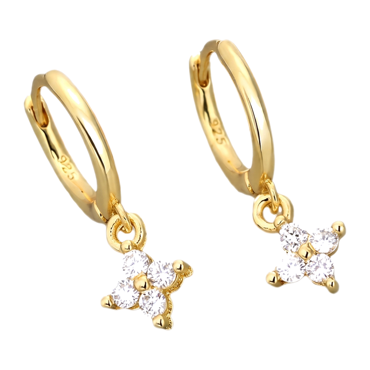 Sunoire classic summer fine jewelry 925 sterling silver zircon four leaf clover earrings for women hoop drop 01 flatlay white