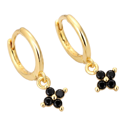 Sunoire classic summer fine jewelry 925 sterling silver zircon four leaf clover earrings for women hoop drop 03 flatlay black