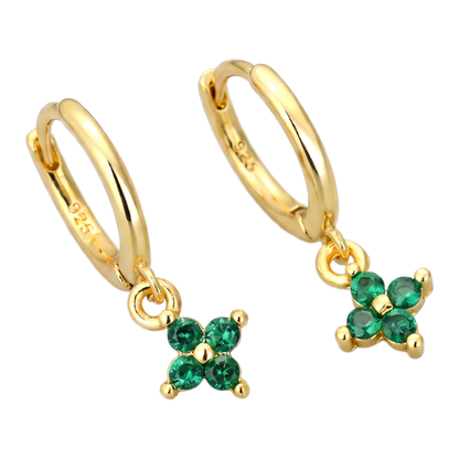 Sunoire classic summer fine jewelry 925 sterling silver zircon four leaf clover earrings for women hoop drop 04 flatlay green