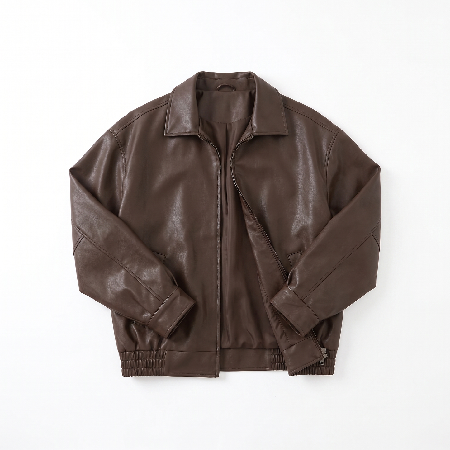 Sunoire aria womens oversized leather zip front bomber jacket garment flatlay 01