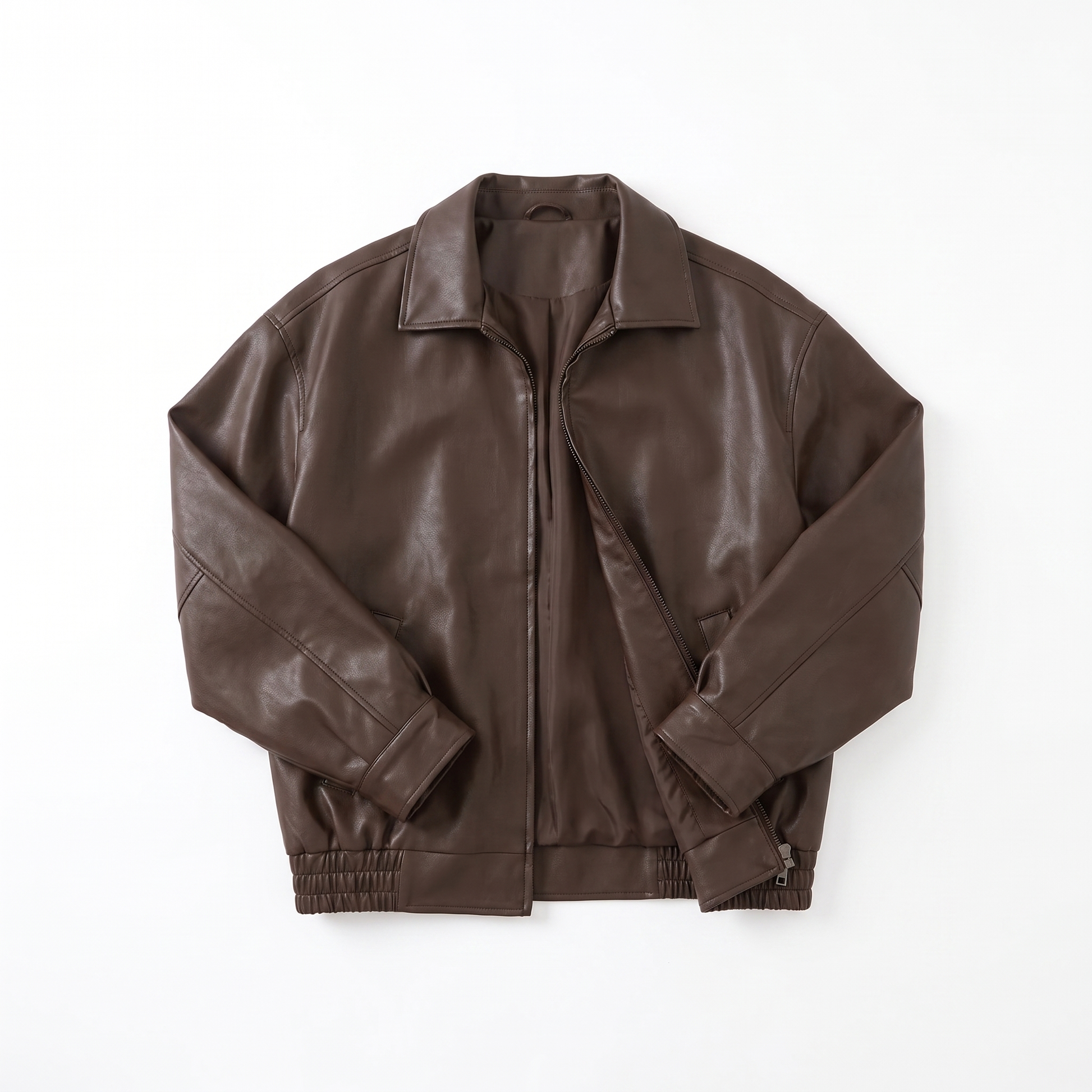 Sunoire aria womens oversized leather zip front bomber jacket garment flatlay 01