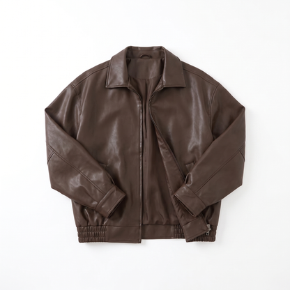 Sunoire aria womens oversized leather zip front bomber jacket garment flatlay 01