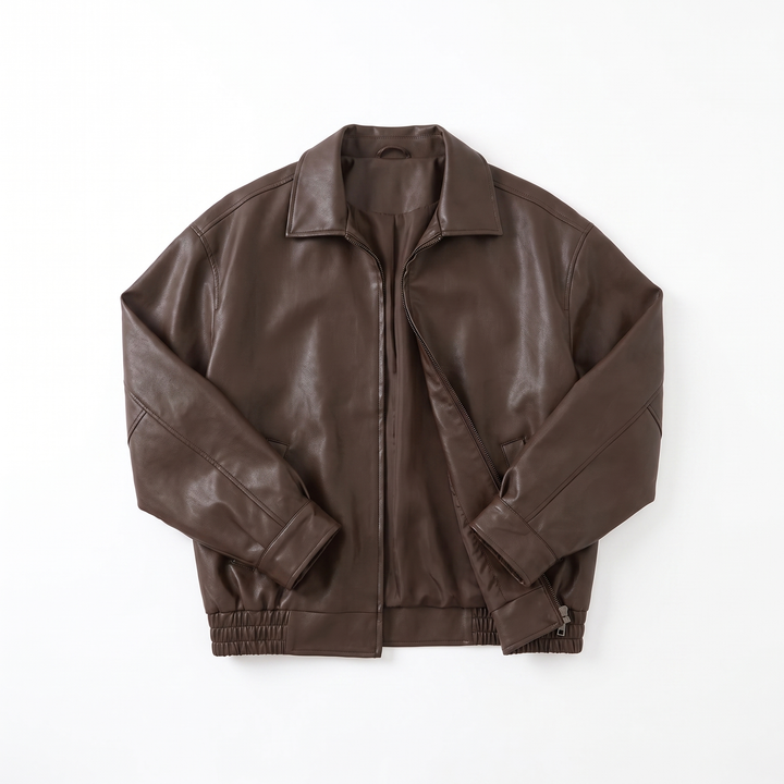 Sunoire aria womens oversized leather zip front bomber jacket garment flatlay 01
