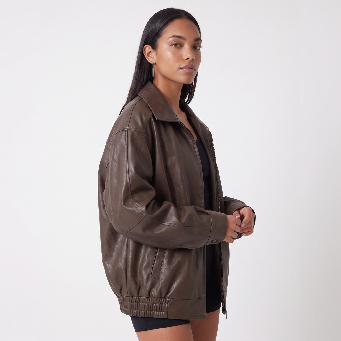 Sunoire aria womens oversized leather zip front bomber jacket top crop 3q 01