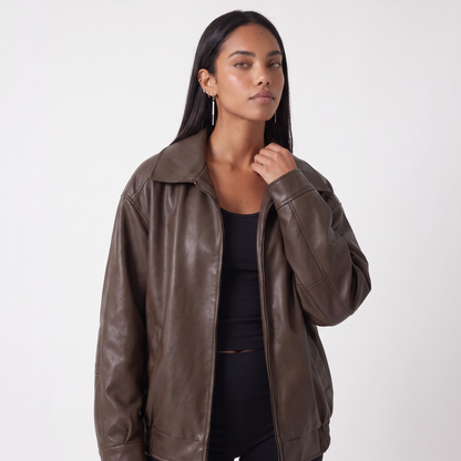 Sunoire aria womens oversized leather zip front bomber jacket top front crop 01