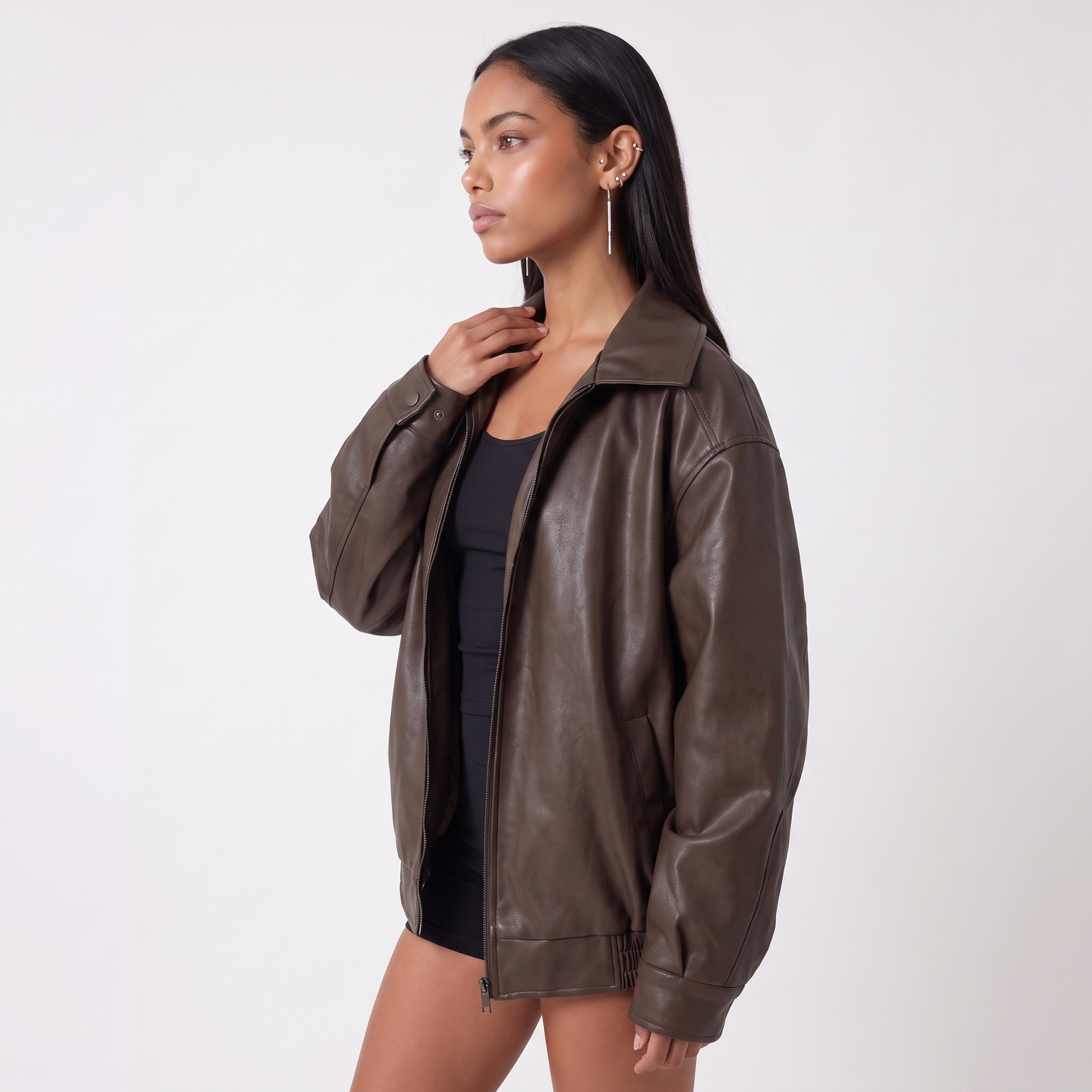 Sunoire aria womens oversized leather zip front bomber jacket top side crop 01