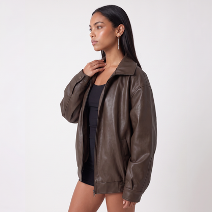 Sunoire aria womens oversized leather zip front bomber jacket top side crop 01