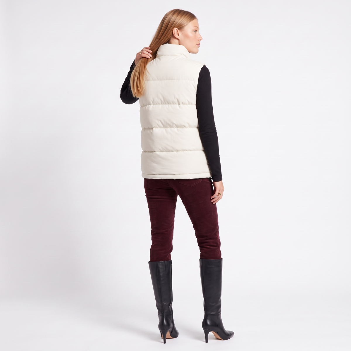Women's Quilted Funnel Neck Gilet, Ecru Sleeveless Puffer, back view